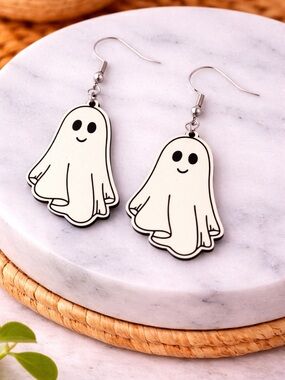 ⚠️ 5/25: Cute Ghost Dangle Earrings - White Black Cartoon Halloween